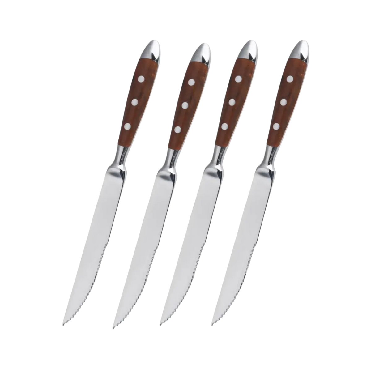 Set of four stainless steel steak knives with brown wooden handles and white dot inlays in stainless steel cutlery set