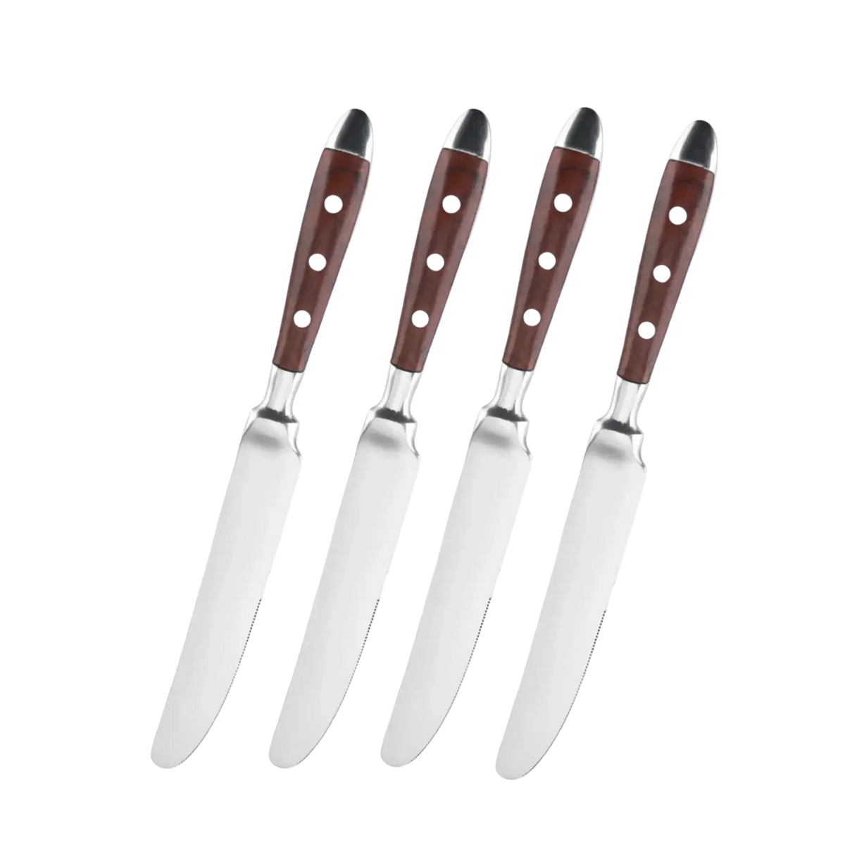 Set of four stainless steel butter knives with rich brown wooden handles and three white dot inlays for dining