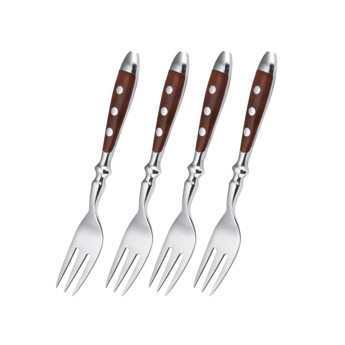 Set of four stainless steel forks with rich brown wooden handles adorned with white polka dots for elegant dining