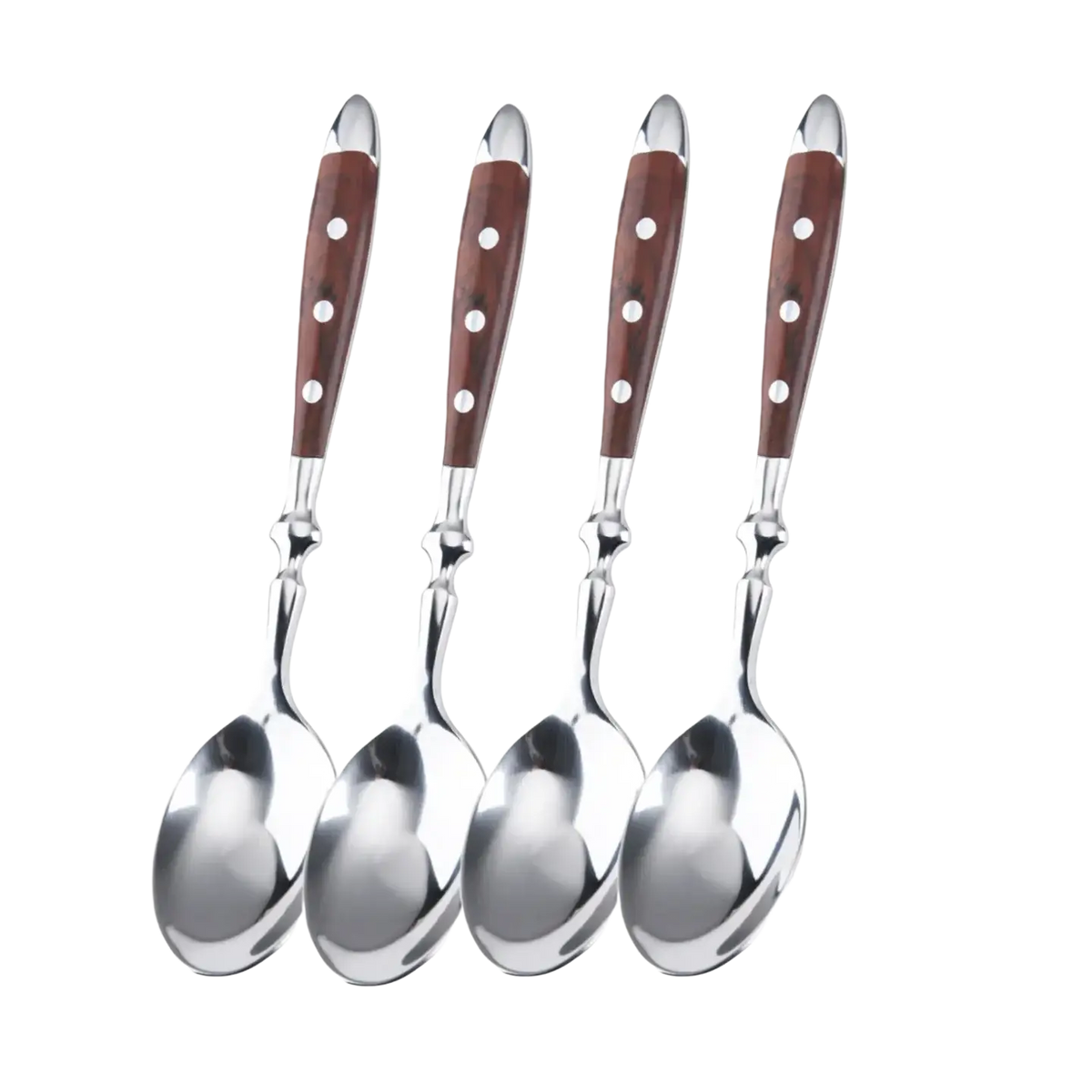 Set of four stainless steel spoons with polished bowls and rich brown wooden handles accented by three white dots