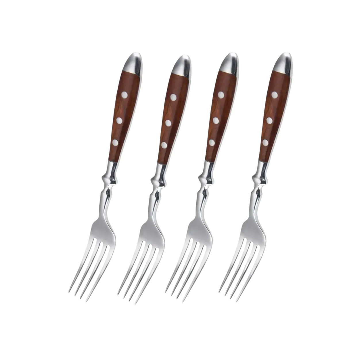 Set of four stainless steel forks with polished silver tips and rich brown wooden handles adorned with white polka dots