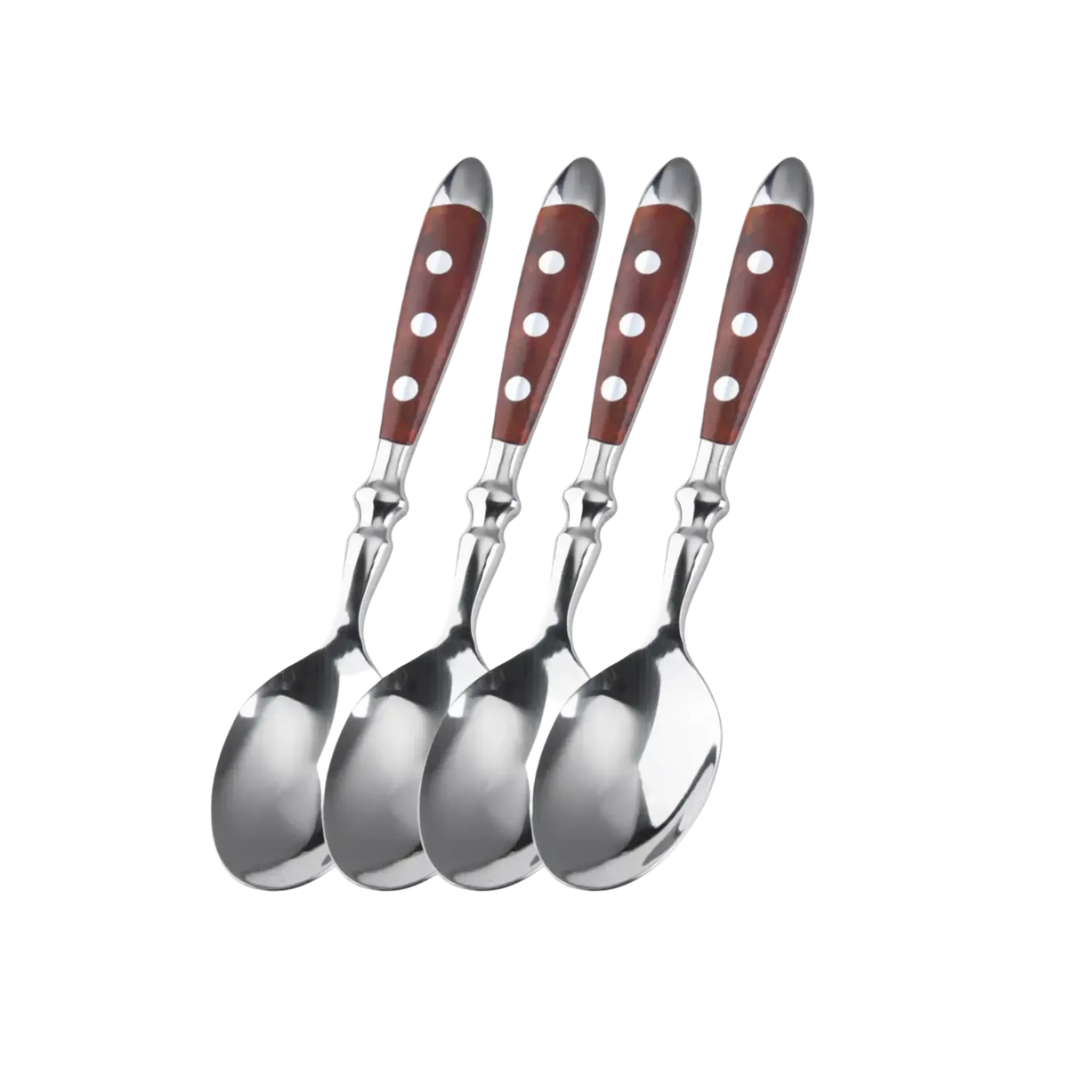 Set of four stainless steel dessert spoons with polished bowls and reddish-brown wooden handles with white polka dots
