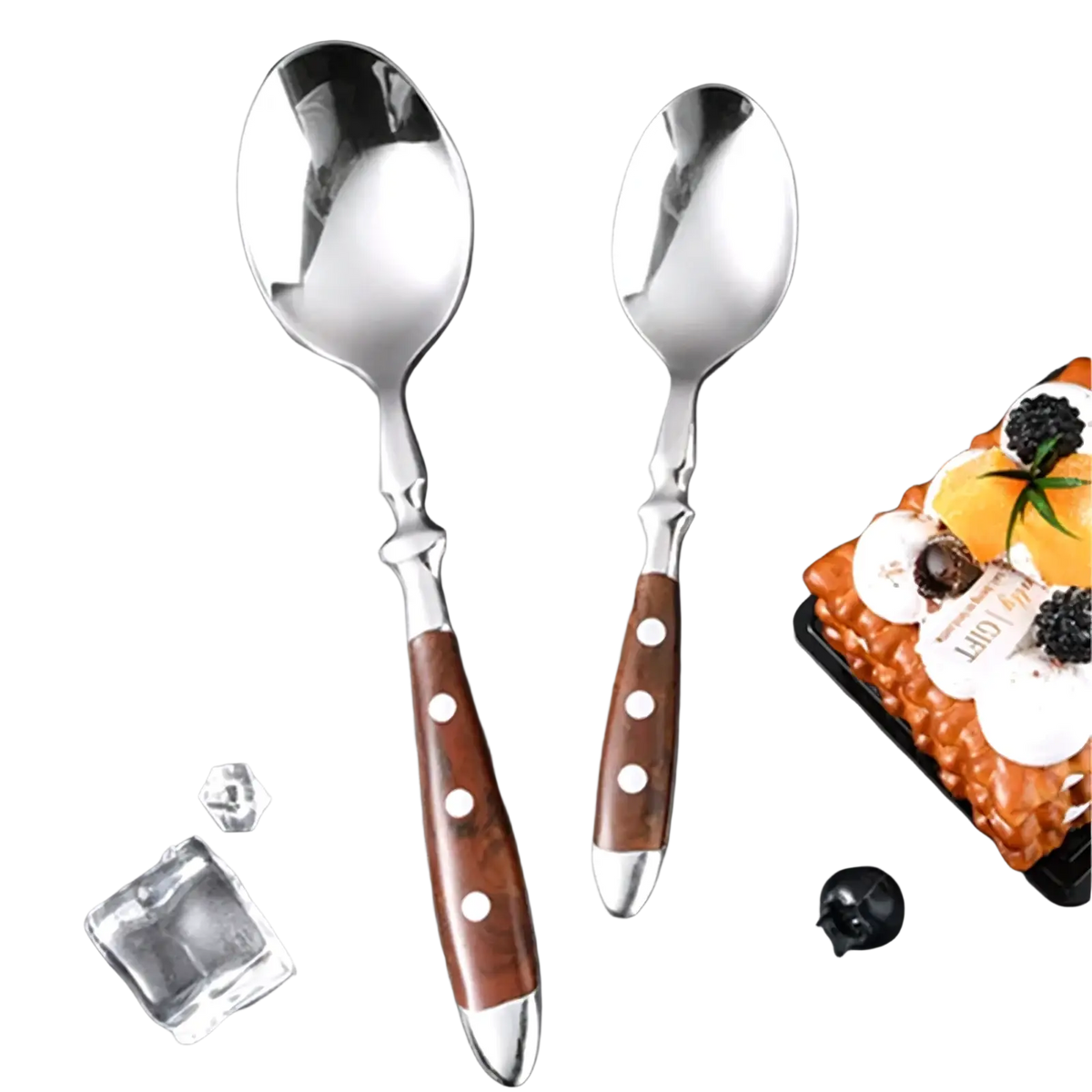 Pair of stainless steel serving spoons with polished wooden handles and three white dots from a stainless steel cutlery set