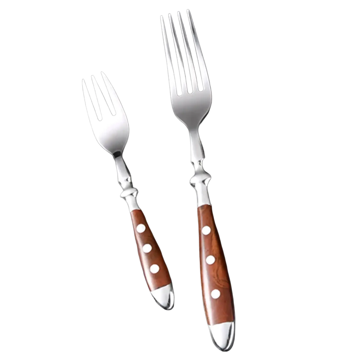 A pair of stainless steel forks with rich brown wooden handles featuring white polka dots and polished silver tips