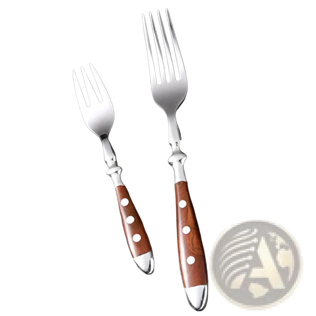 A pair of stainless steel forks with rich brown wooden handles featuring white polka dots and polished silver tips