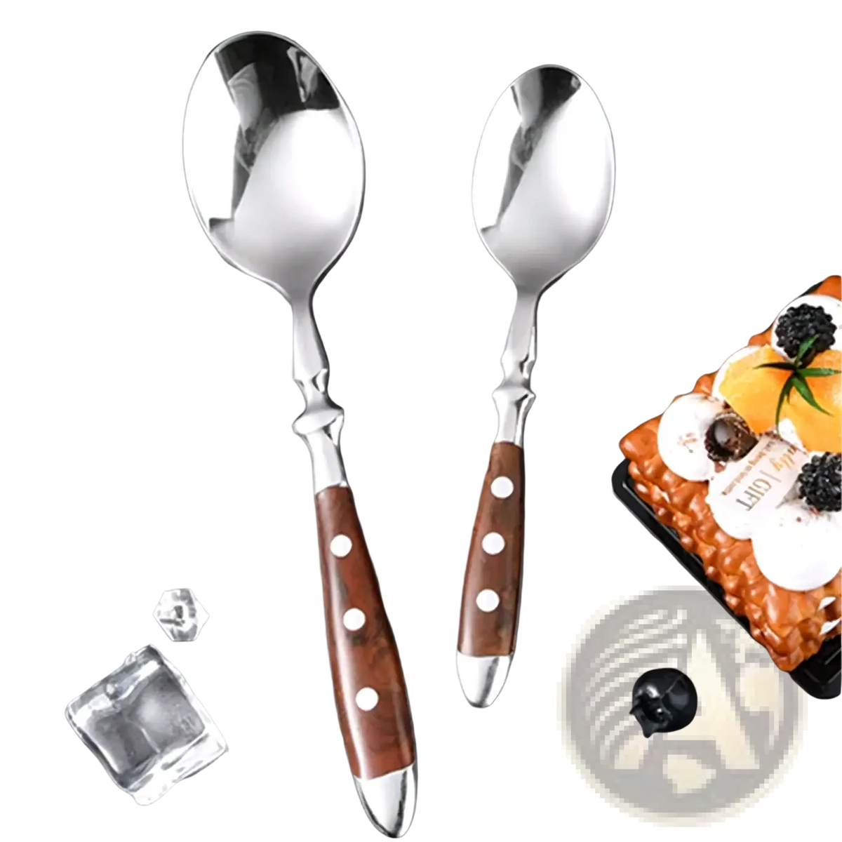 Pair of stainless steel serving spoons with polished wooden handles and three white dots from a stainless steel cutlery set