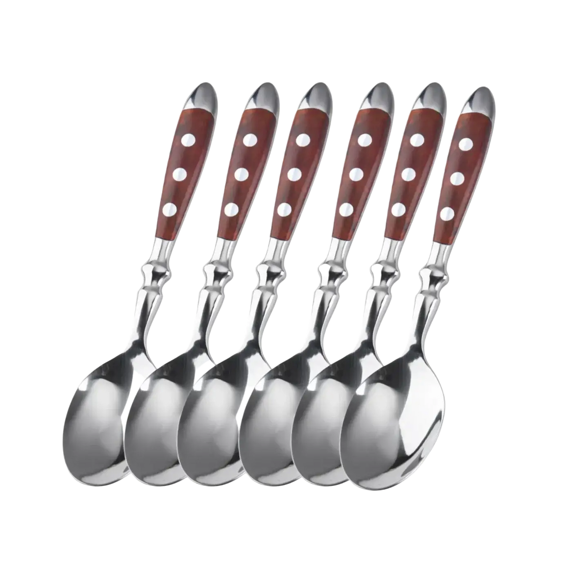 Set of six stainless steel dessert spoons with polished bowls and brown wooden handles with white polka dots