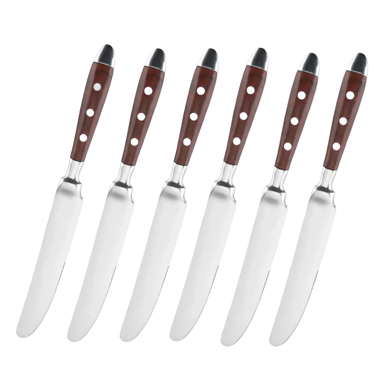 Set of six stainless steel dinner knives with rich brown wooden handles featuring white dots for elegant table settings