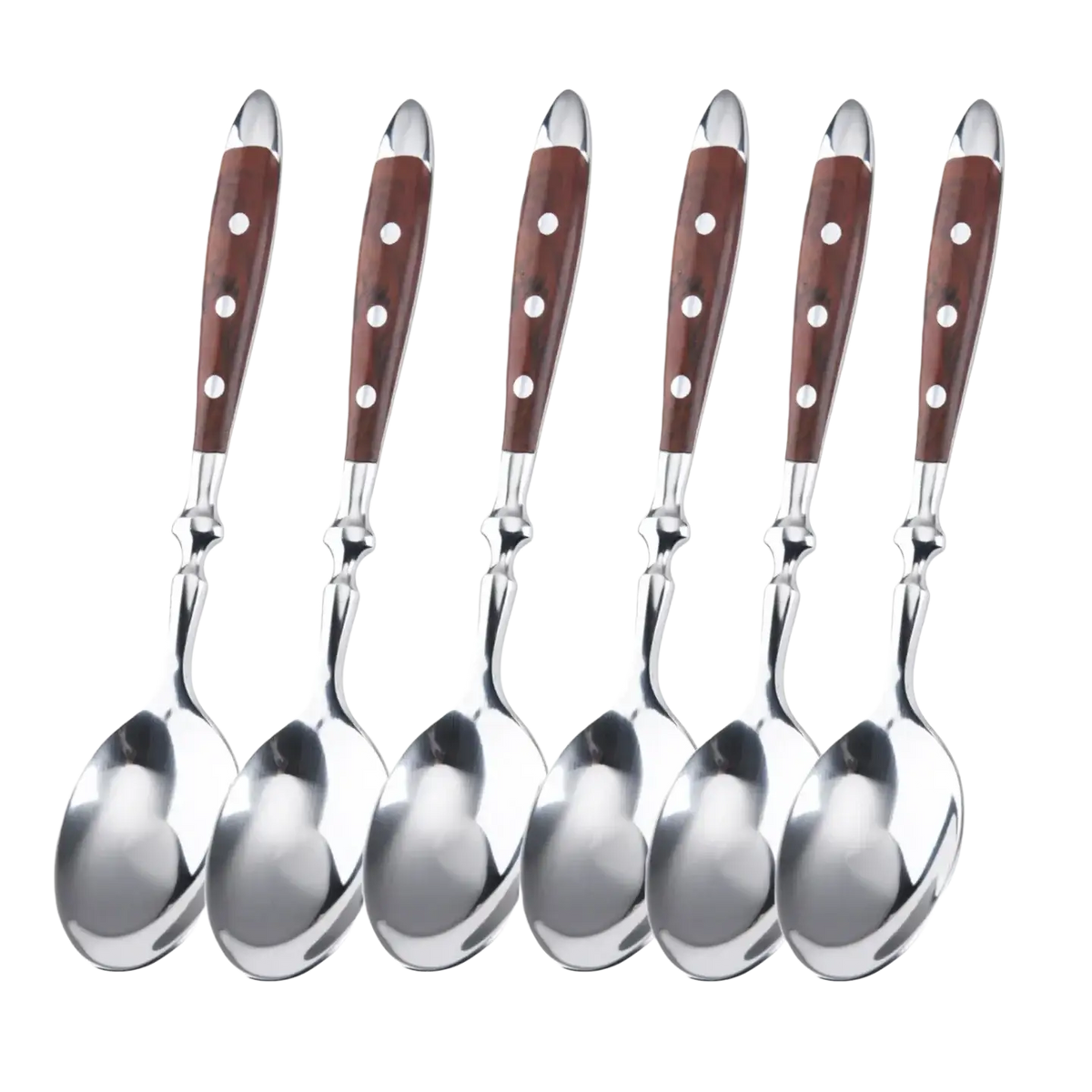 Set of six elegant stainless steel spoons with rich brown wooden handles decorated with white dots in cutlery set