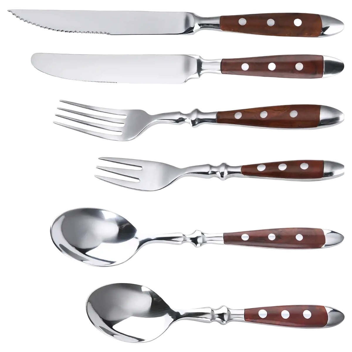 Set of six stainless steel cutlery pieces with rich brown wooden handles featuring three white dots and silver caps