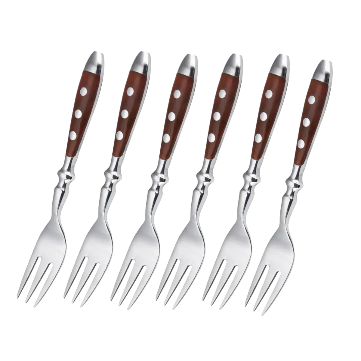 Stainless steel cutlery set of six silver forks with rich brown wooden handles adorned with white polka dots