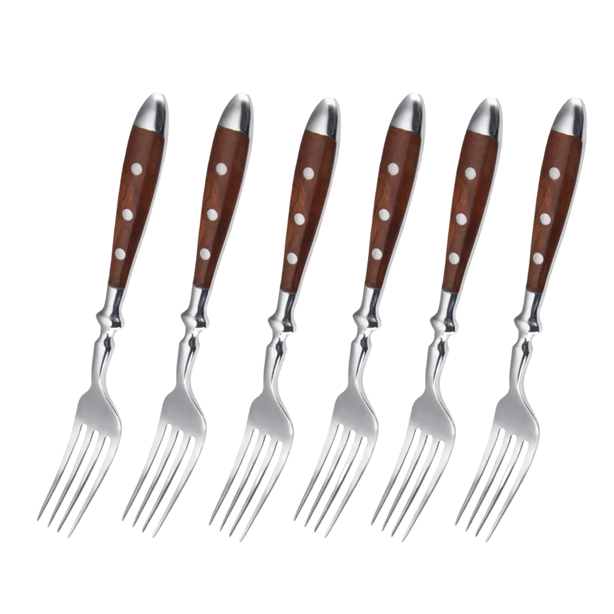 Set of six stainless steel forks with polished tines and rich brown wooden handles featuring white dot inlays