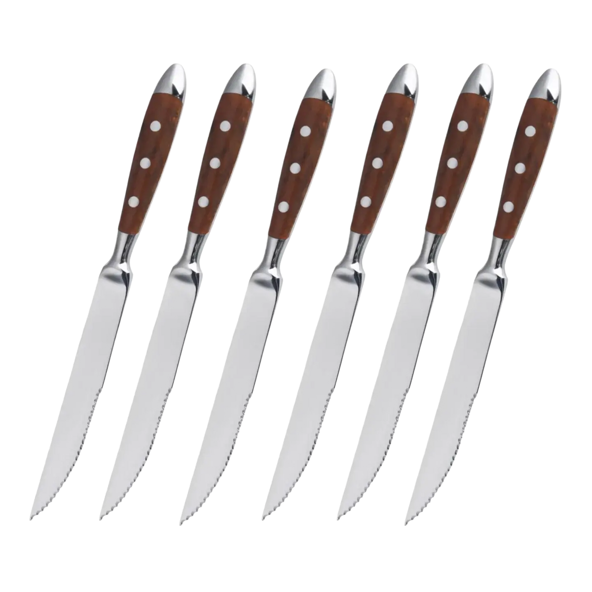Set of six stainless steel steak knives with brown wooden handles and white dot inlays for cutlery use
