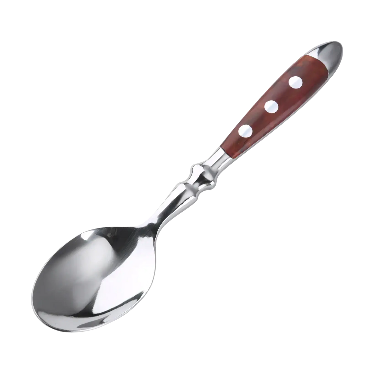 A stainless steel spoon with a polished bowl and reddish-brown wooden handle featuring white circular inlays