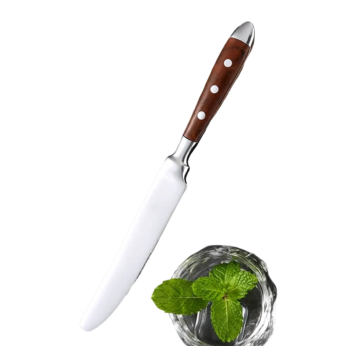 A stainless steel chef’s knife with a rich brown wooden handle and three white rivets from the cutlery set