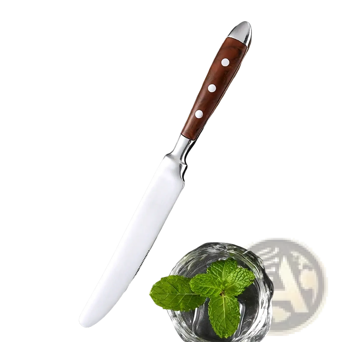 A stainless steel chef’s knife with a rich brown wooden handle and three white rivets from the cutlery set