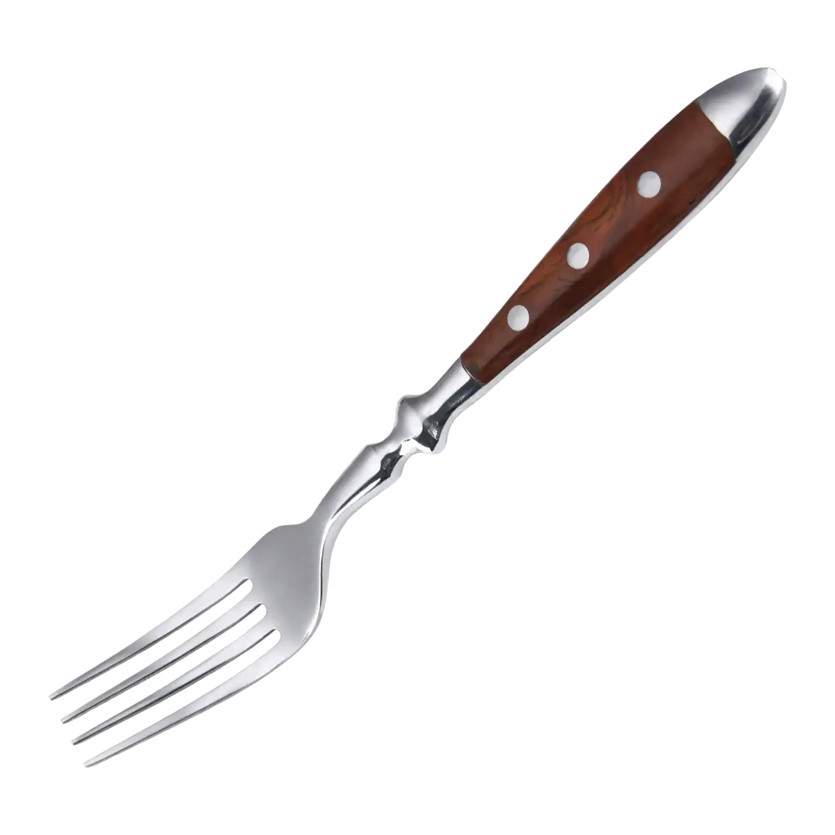 A stainless steel fork with a polished metal head and rich brown wooden handle featuring three white inlays