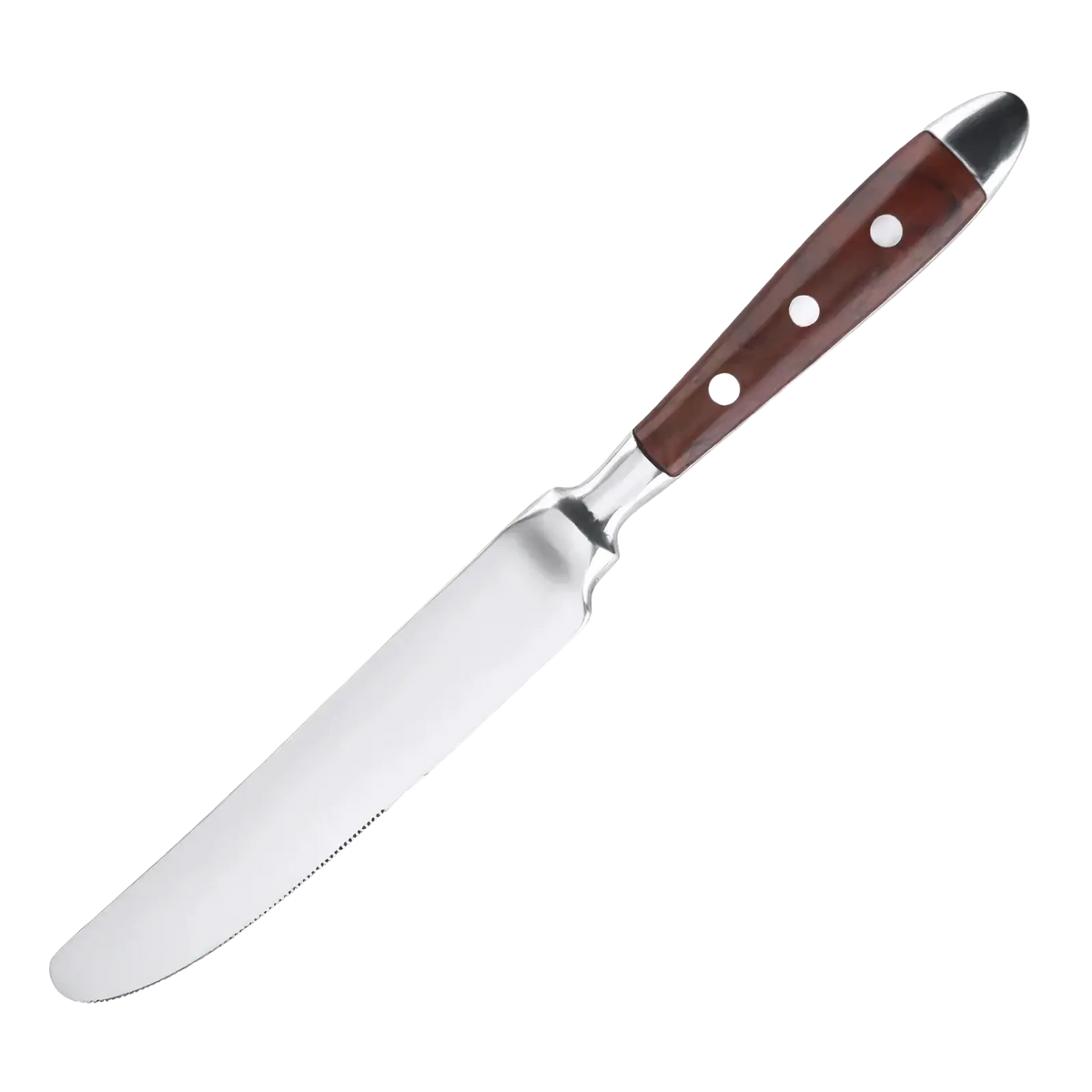 A stainless steel serrated bread knife with a polished blade and a rich brown wooden handle with silver rivets