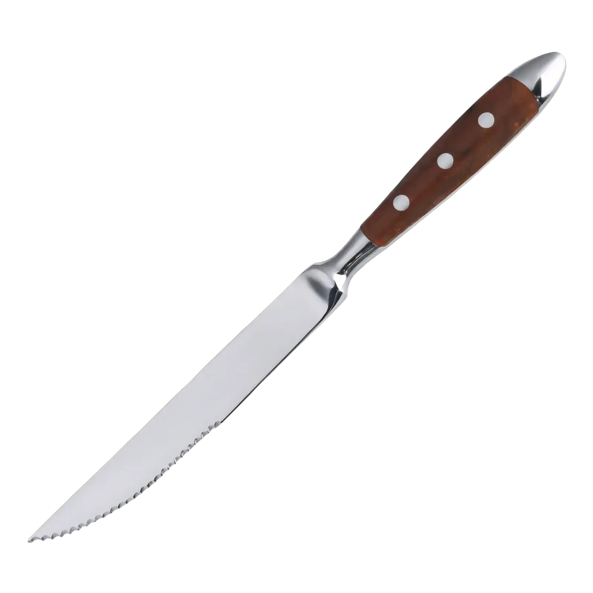 A sleek serrated steak knife with polished stainless steel blade and brown wooden handle with three rivets