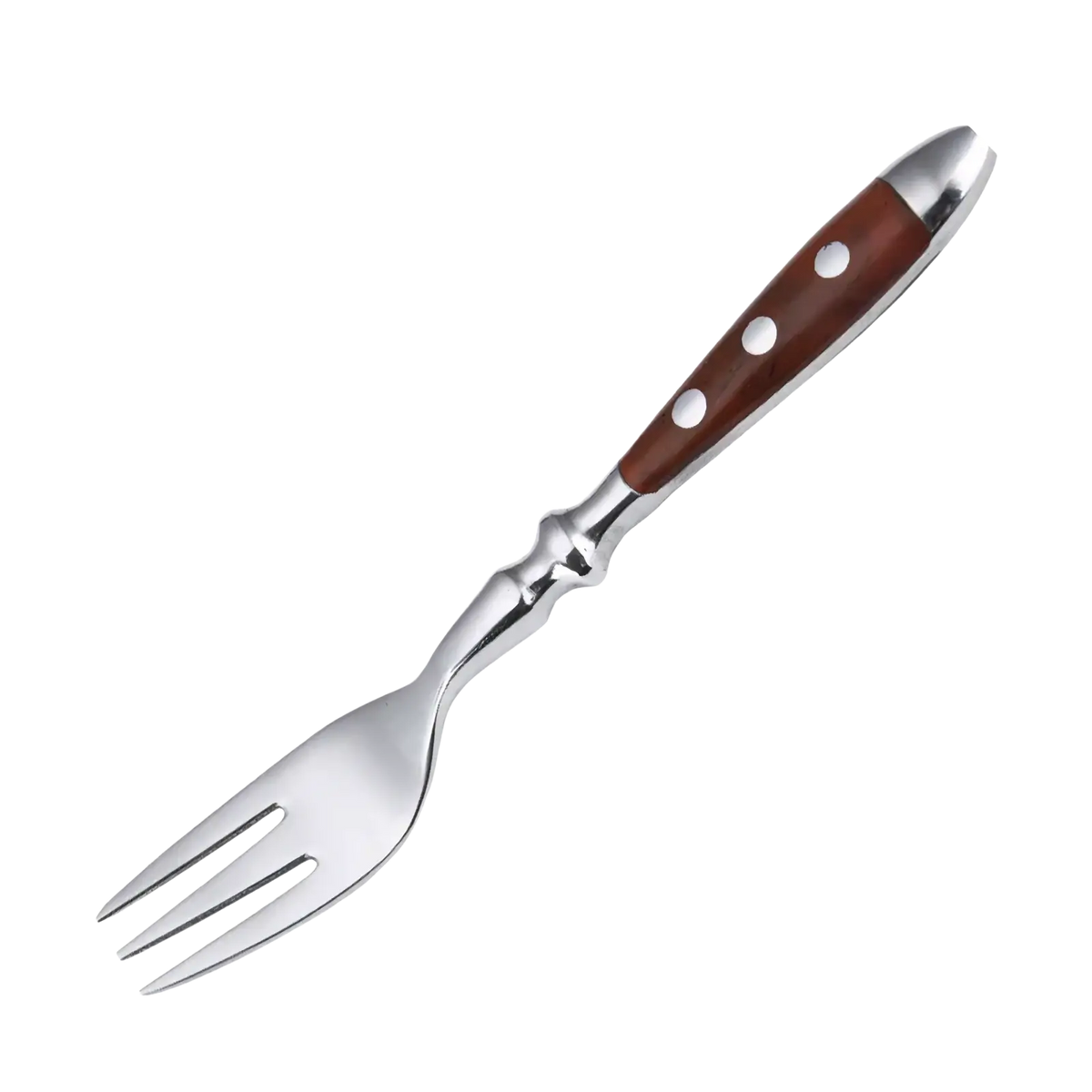 A sleek stainless steel three-pronged fork with polished metal and rich brown wooden handle with white dots
