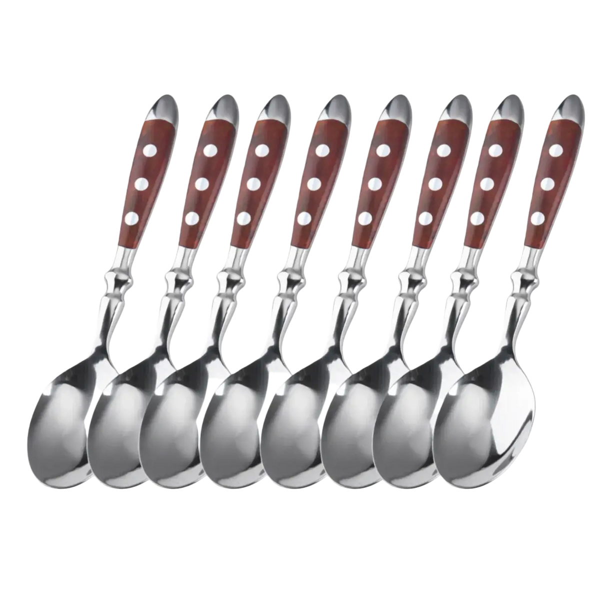 Set of ten stainless steel spoons with rich brown wooden handles featuring white polka dots in cutlery set