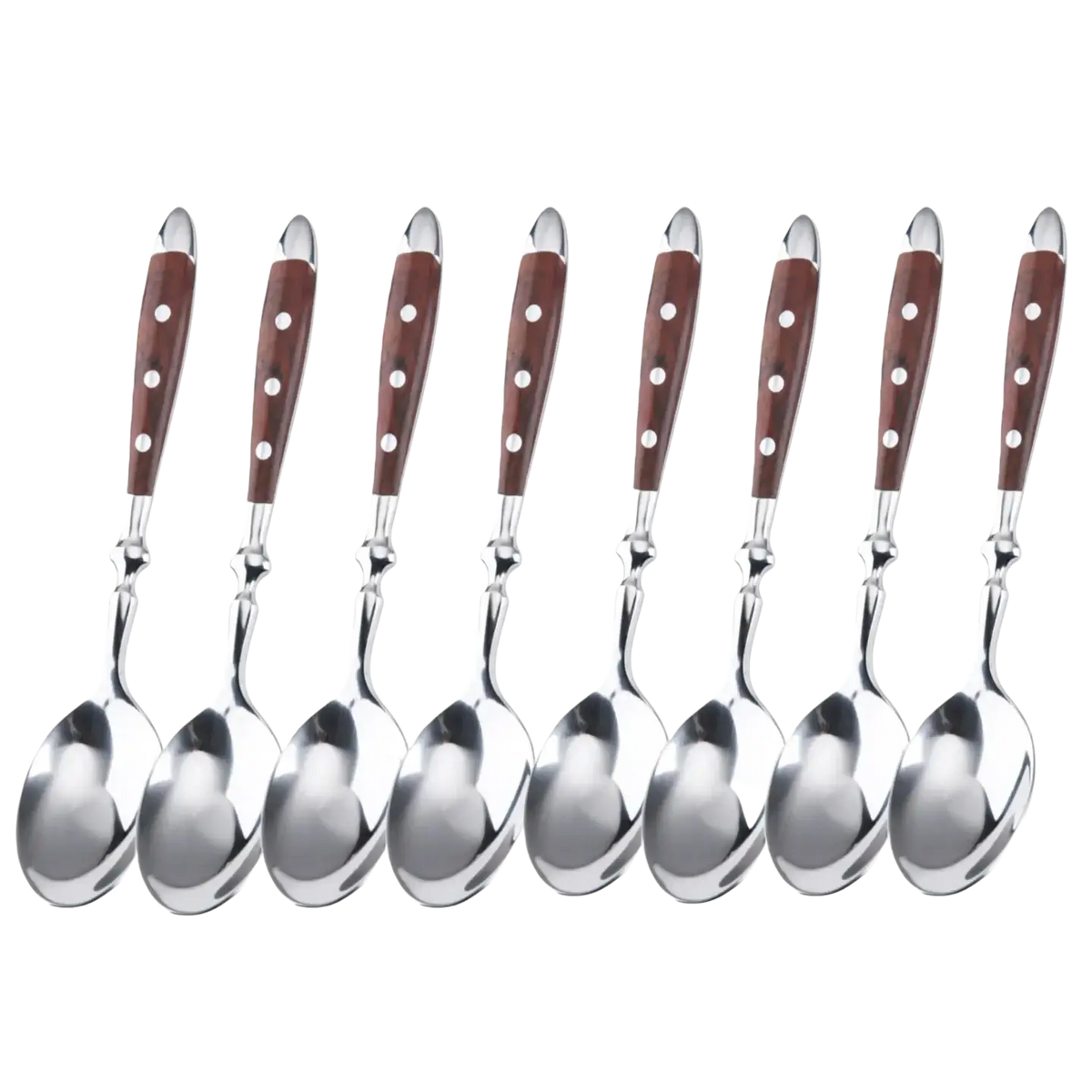 Set of ten heart-shaped spoons with polished silver bowls and brown wooden handles with white dot inlays stainless steel cutlery set
