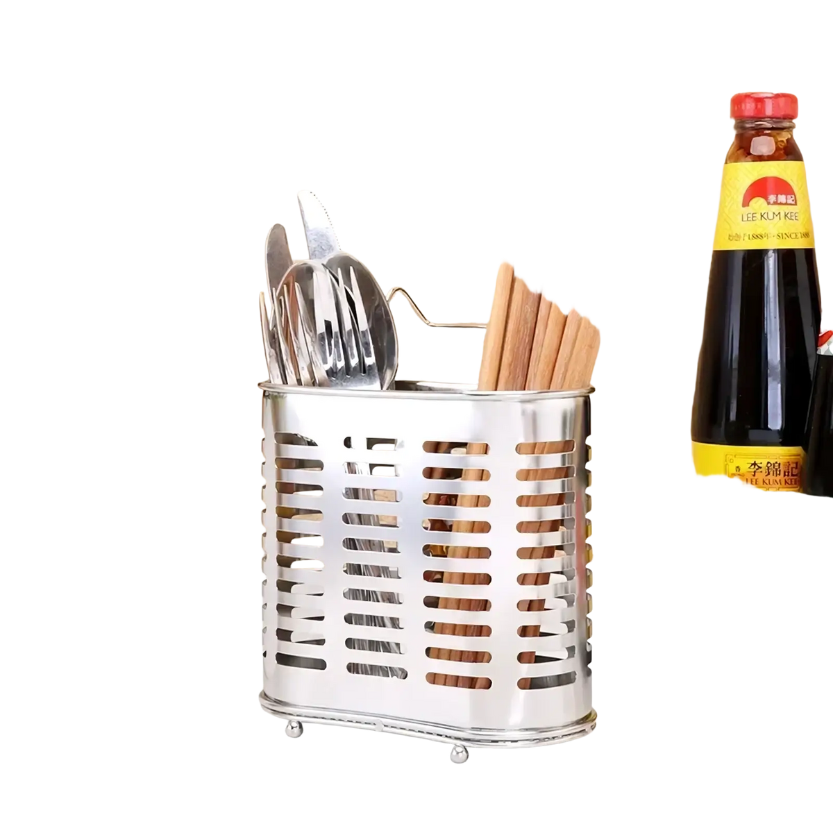 Stainless steel cutlery and utensil storage rack with perforated design and rounded feet utensil holder in silver