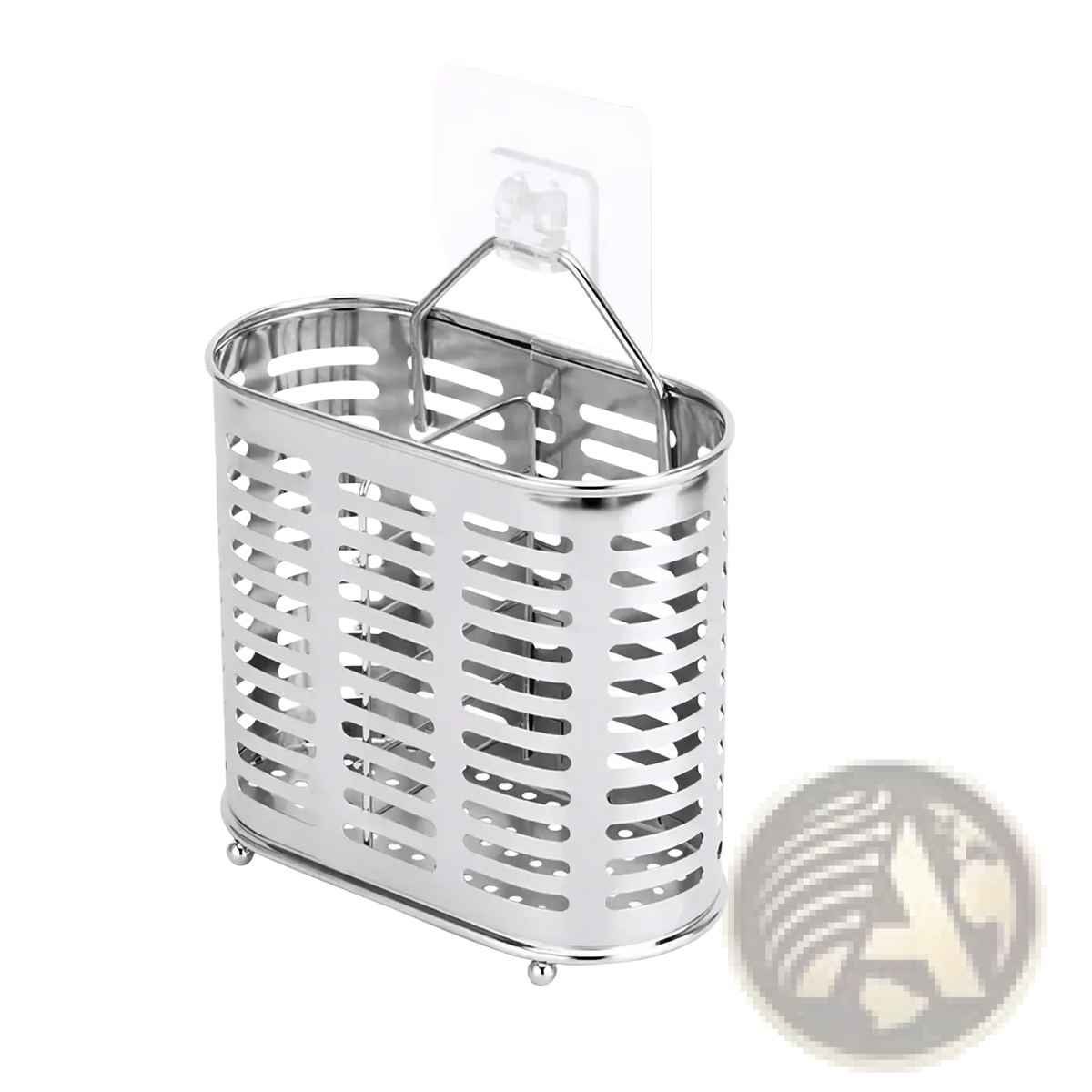 Silver stainless steel cutlery and utensil storage rack basket with handle and small wheels for kitchen organization
