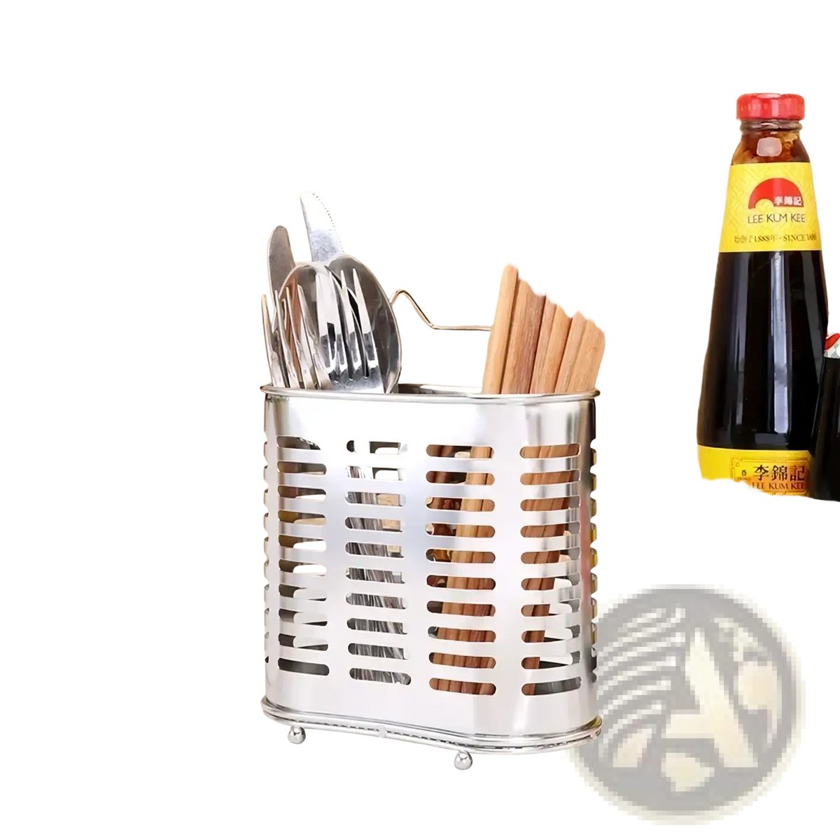 Stainless steel cutlery and utensil storage rack with perforated design and rounded feet utensil holder in silver