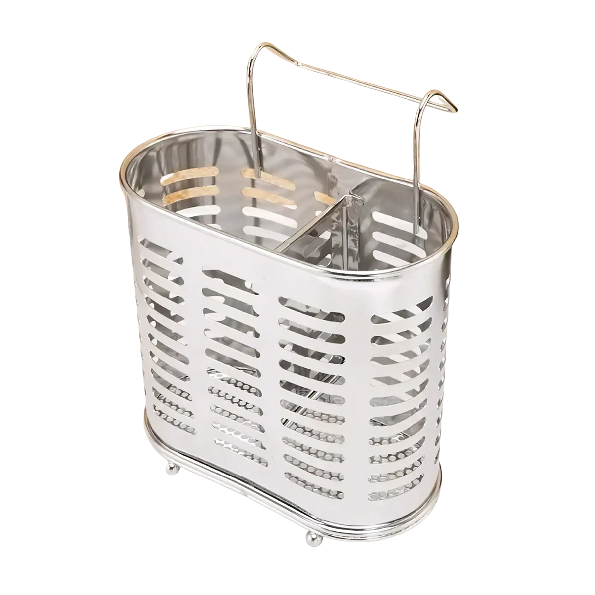 Stainless steel cutlery and utensil storage rack with shiny finish, handle, and footed base for kitchen organization