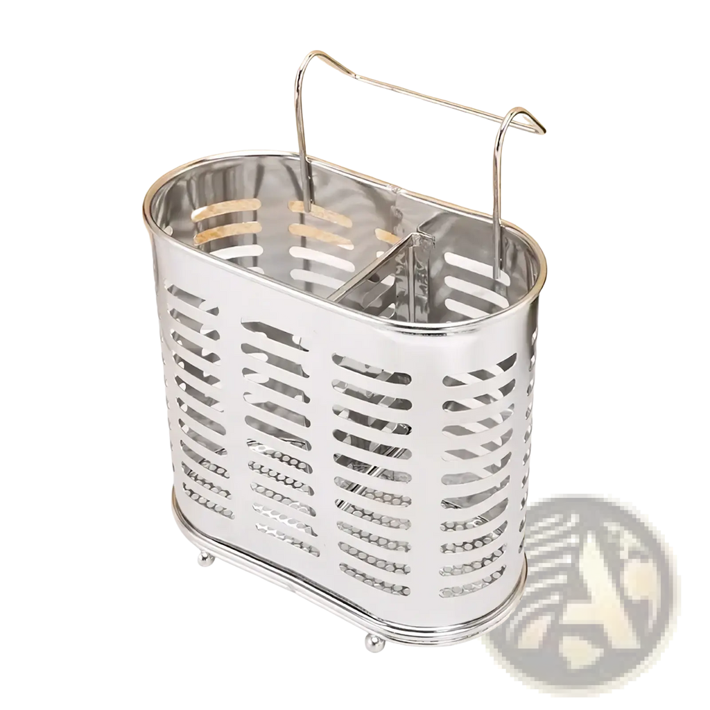 Stainless steel cutlery and utensil storage rack with shiny finish, handle, and footed base for kitchen organization