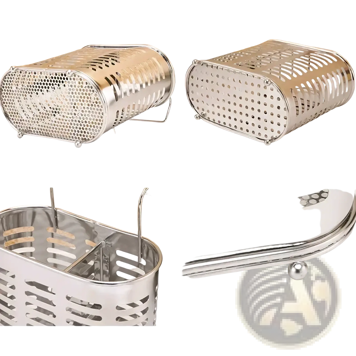 Stainless steel cutlery and utensil storage rack with shiny oval-shaped perforated vegetable steamer basket and ball feet