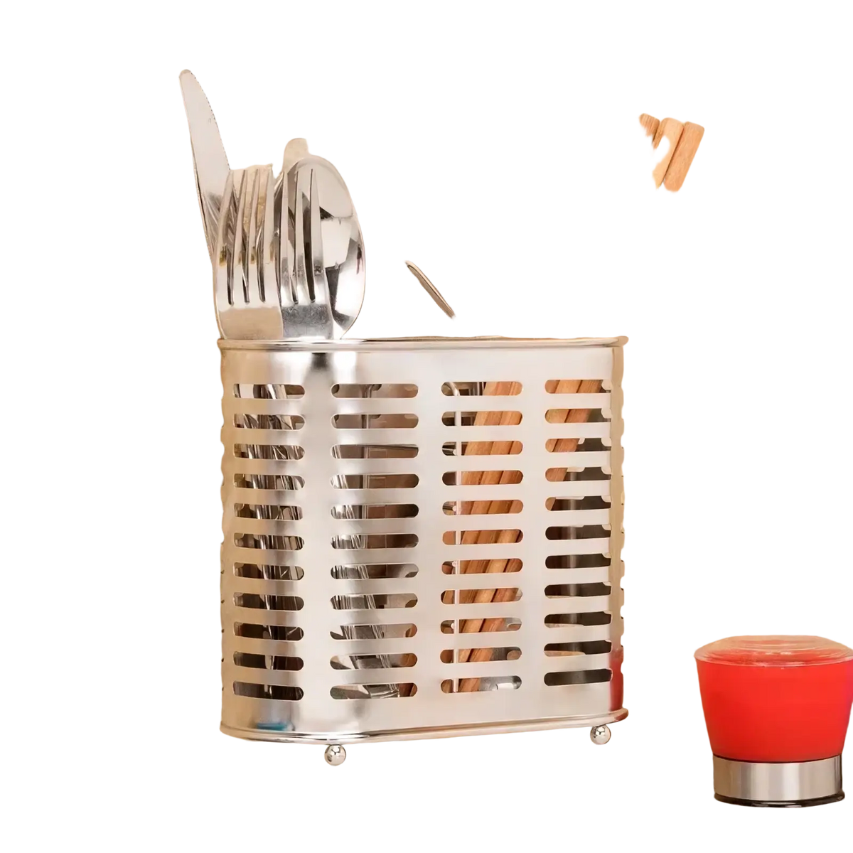 Silver stainless steel wall-mounted utensil holder with perforated design storing forks knives spoons and wooden chopsticks