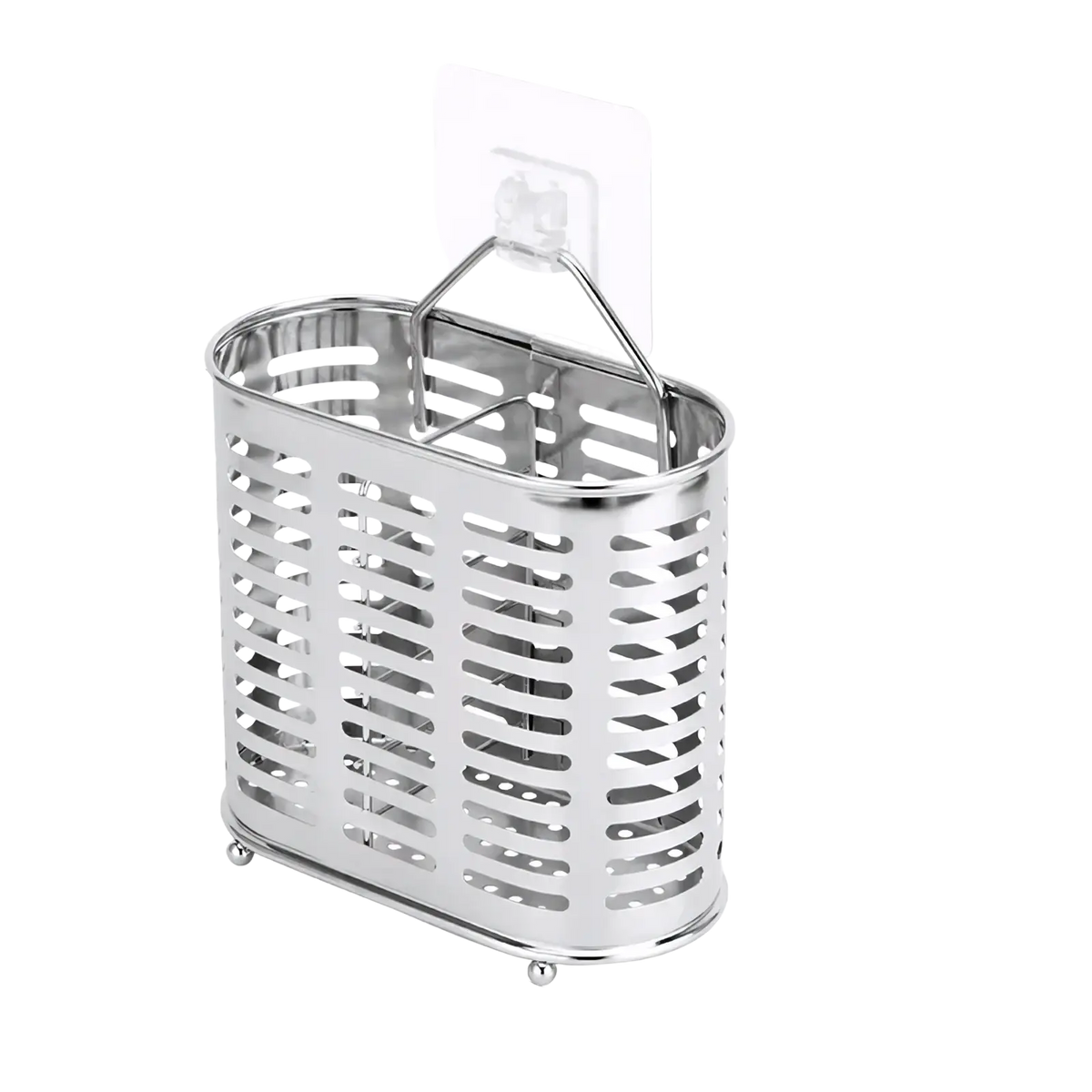 Silver stainless steel cutlery and utensil storage rack basket with handle and small wheels for kitchen organization