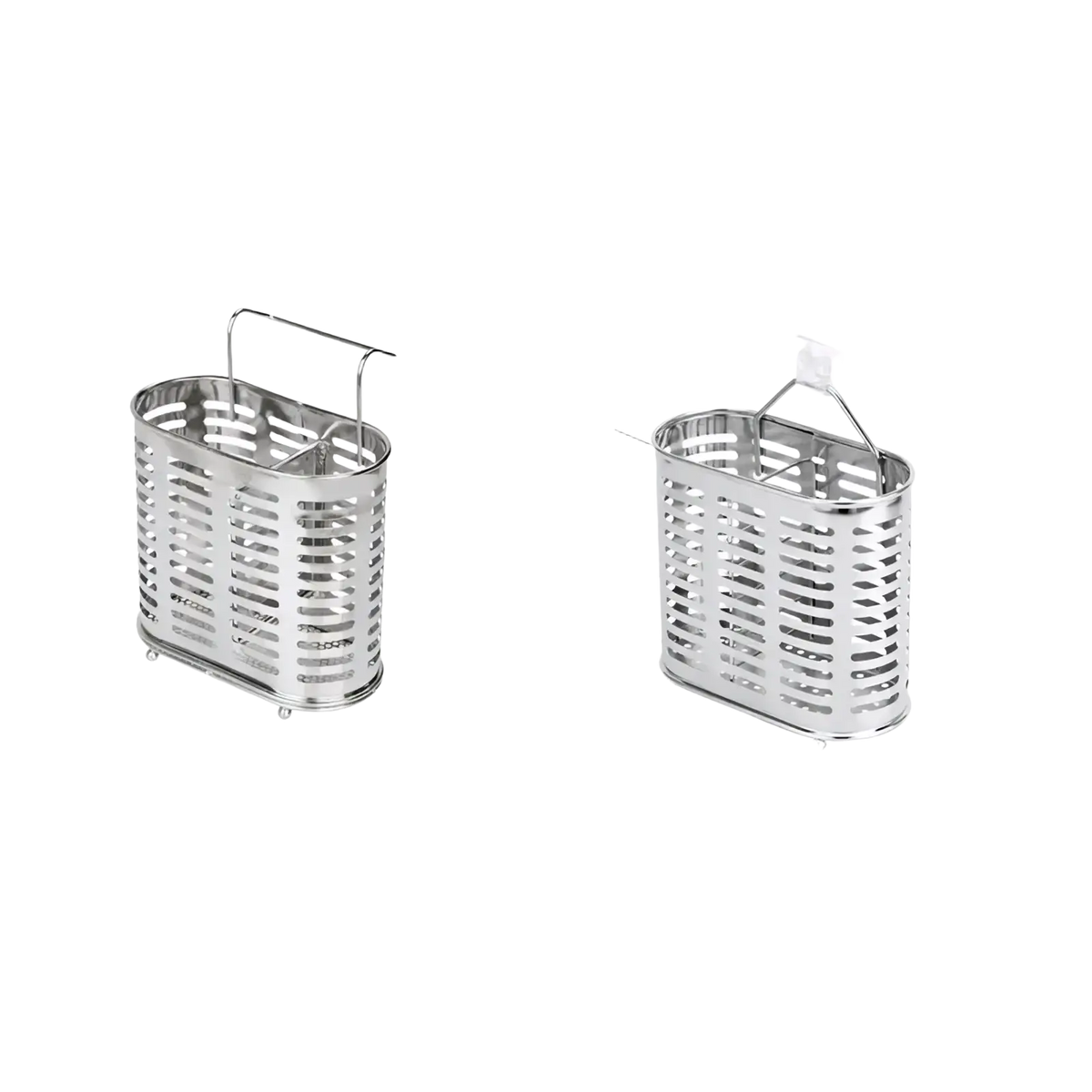 Silver stainless steel cutlery and utensil storage rack with mesh basket handle and small wheels for mobility