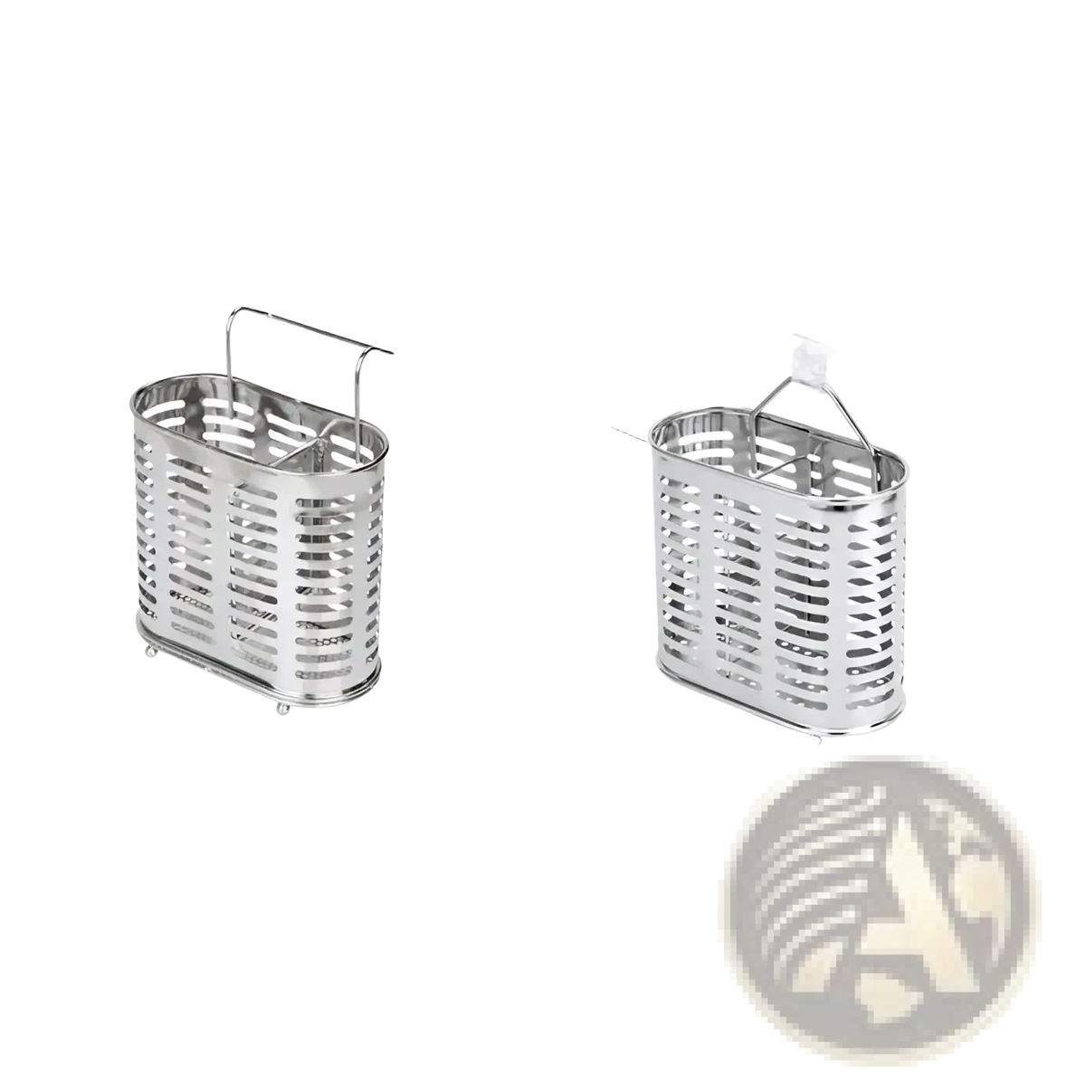 Silver stainless steel cutlery and utensil storage rack with mesh basket handle and small wheels for mobility