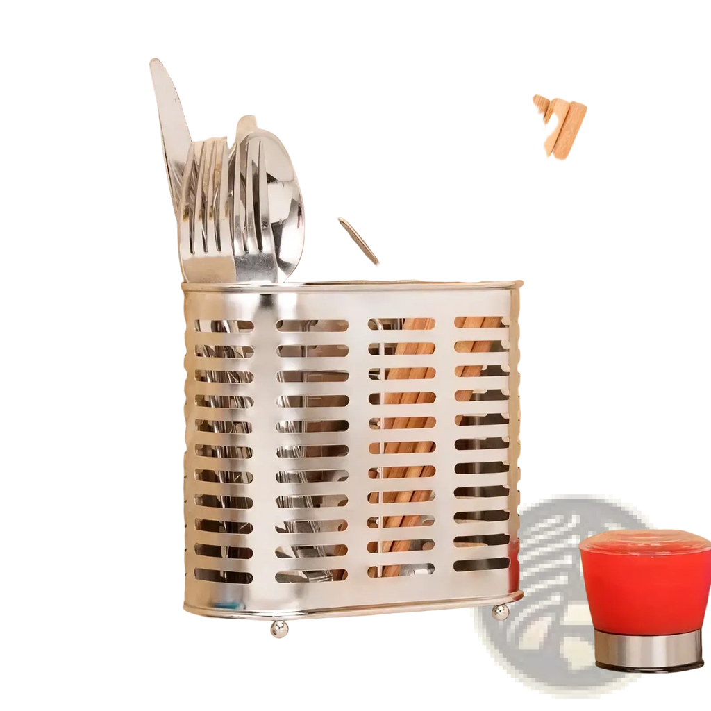 Silver stainless steel wall-mounted utensil holder with perforated design storing forks knives spoons and wooden chopsticks
