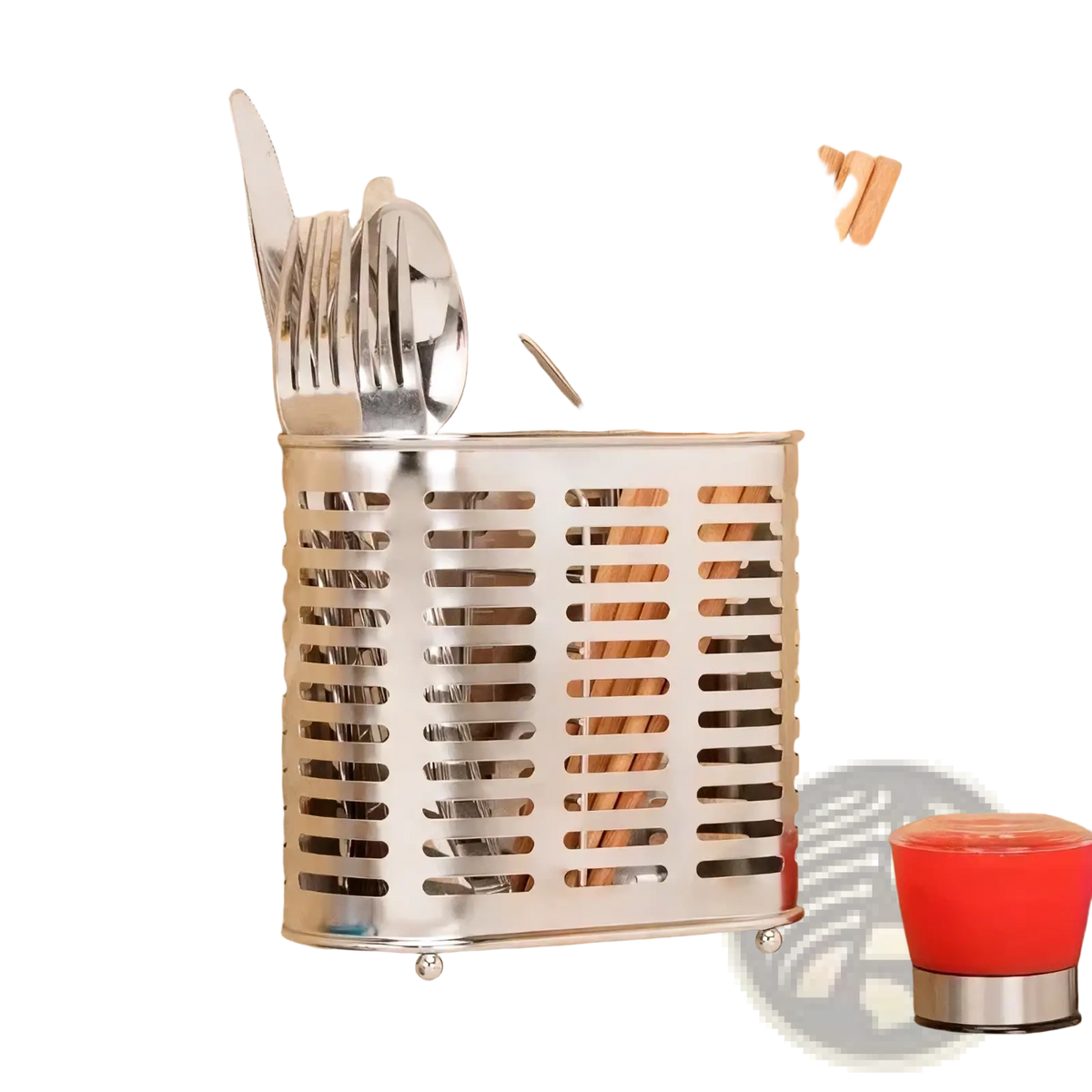 Silver stainless steel wall-mounted utensil holder with perforated design storing forks knives spoons and wooden chopsticks