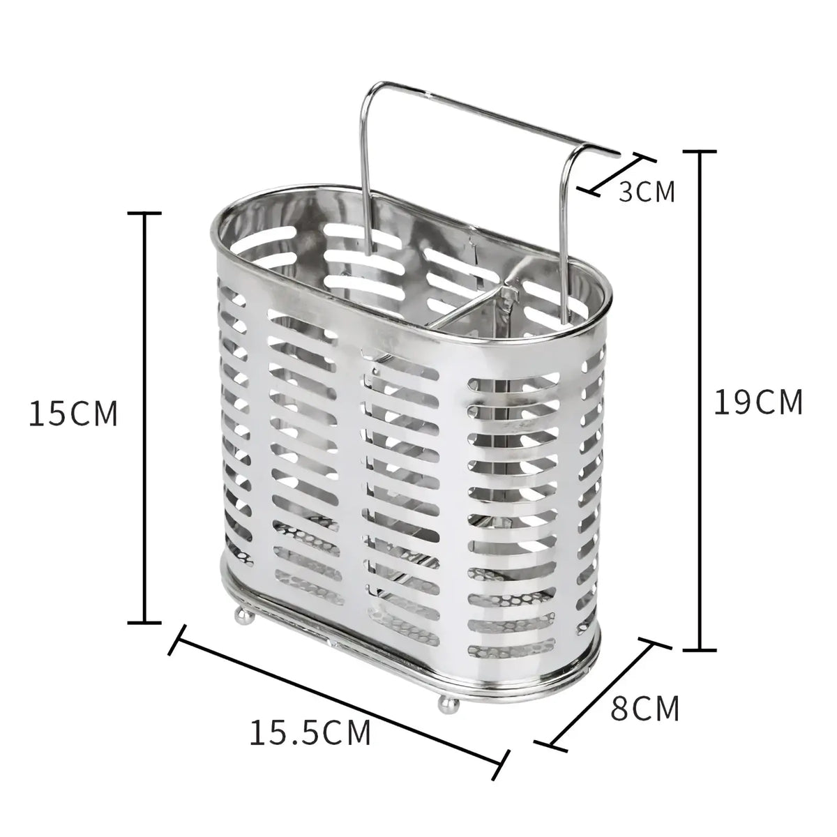 Stainless steel cutlery and utensil storage rack featuring a sleek oval shape with perforated sides and a handle