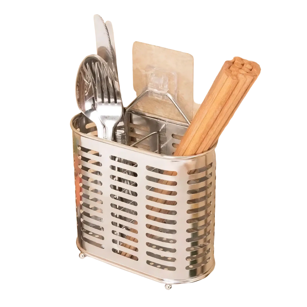 Stainless steel cutlery and utensil storage rack with perforated design and adhesive backing for wall mounting