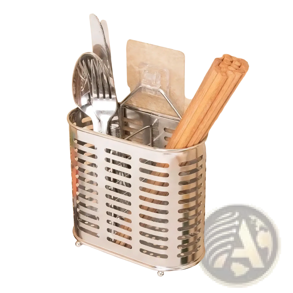 Stainless steel cutlery and utensil storage rack with perforated design and adhesive backing for wall mounting