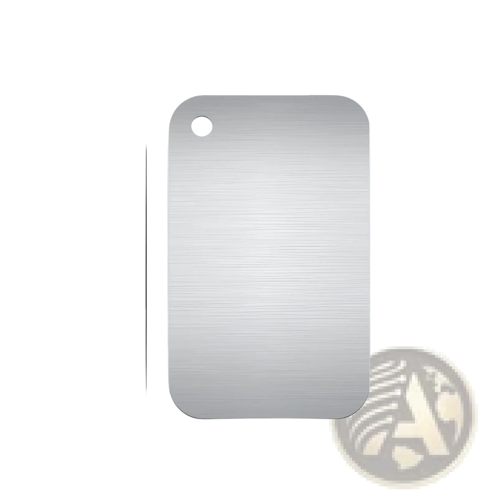 A sleek brushed stainless steel rectangular metal tag with rounded corners and a hole for the stainless steel cutting board handle
