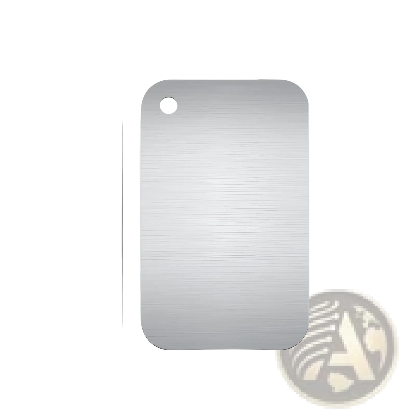 A sleek brushed stainless steel rectangular metal tag with rounded corners and a hole for the stainless steel cutting board handle