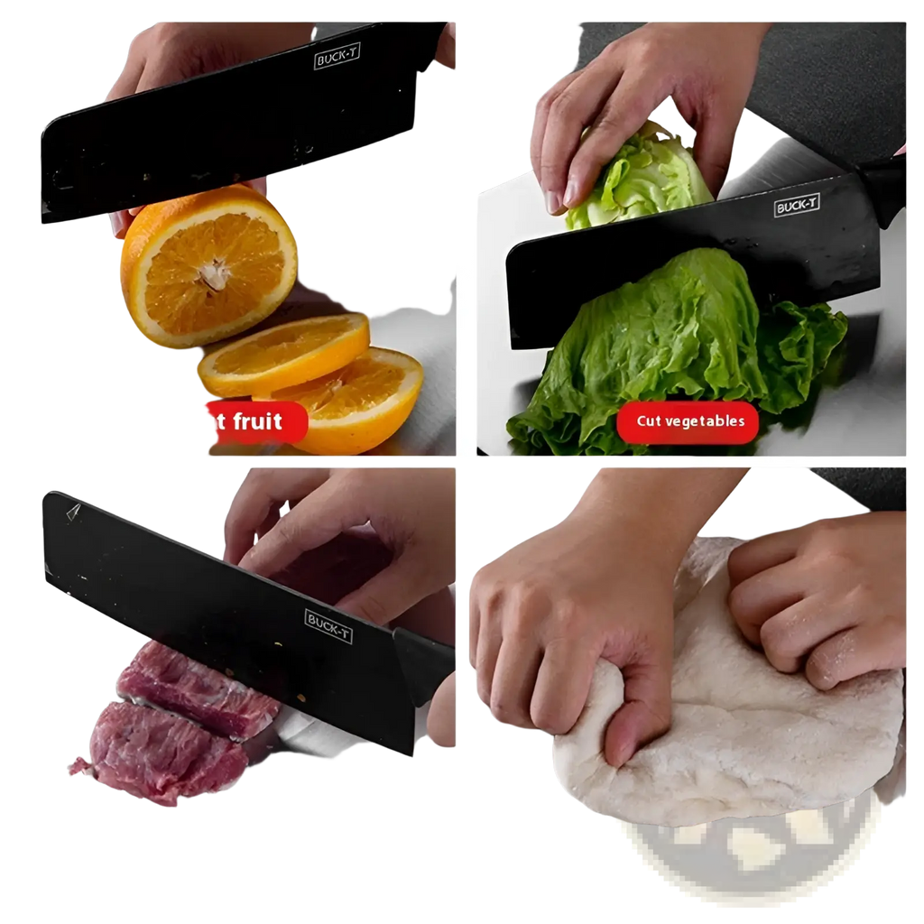 Black buck-t chef’s knife with sleek stainless steel blade and ergonomic handle resting on stainless steel cutting board with handle and anti-mold plate