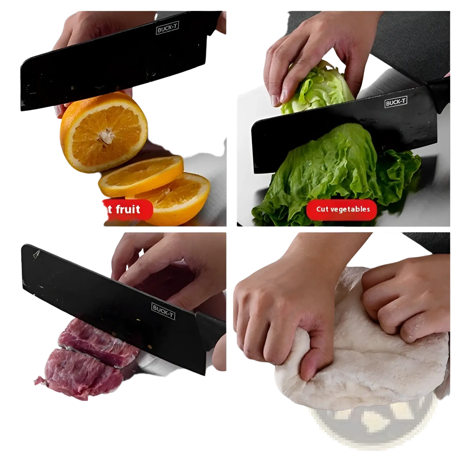 Black buck-t chef’s knife with sleek stainless steel blade and ergonomic handle resting on stainless steel cutting board with handle and anti-mold plate