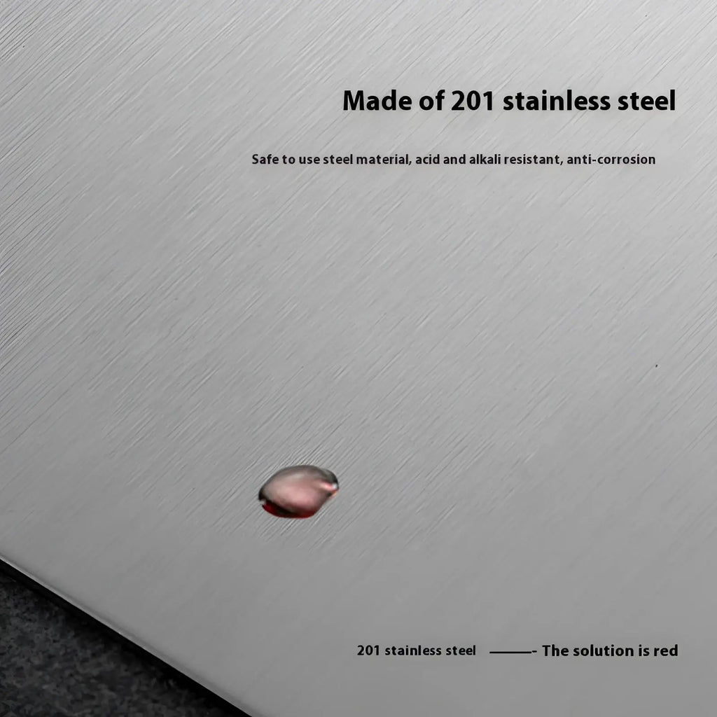 Stainless steel cutting board with handle made of sleek brushed silver 201 stainless steel with fine horizontal texture