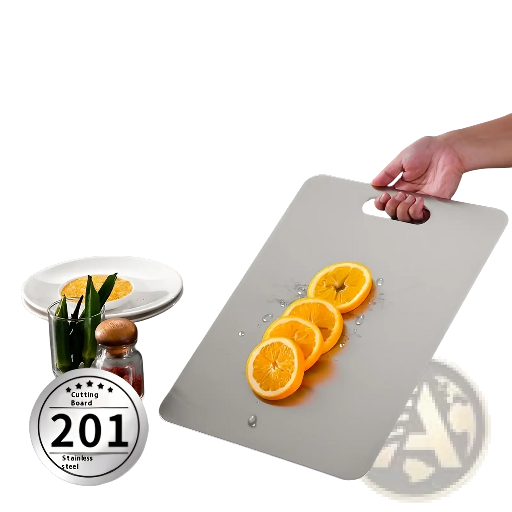 A sleek rectangular stainless steel cutting board with polished finish and integrated handle anti-mold plate
