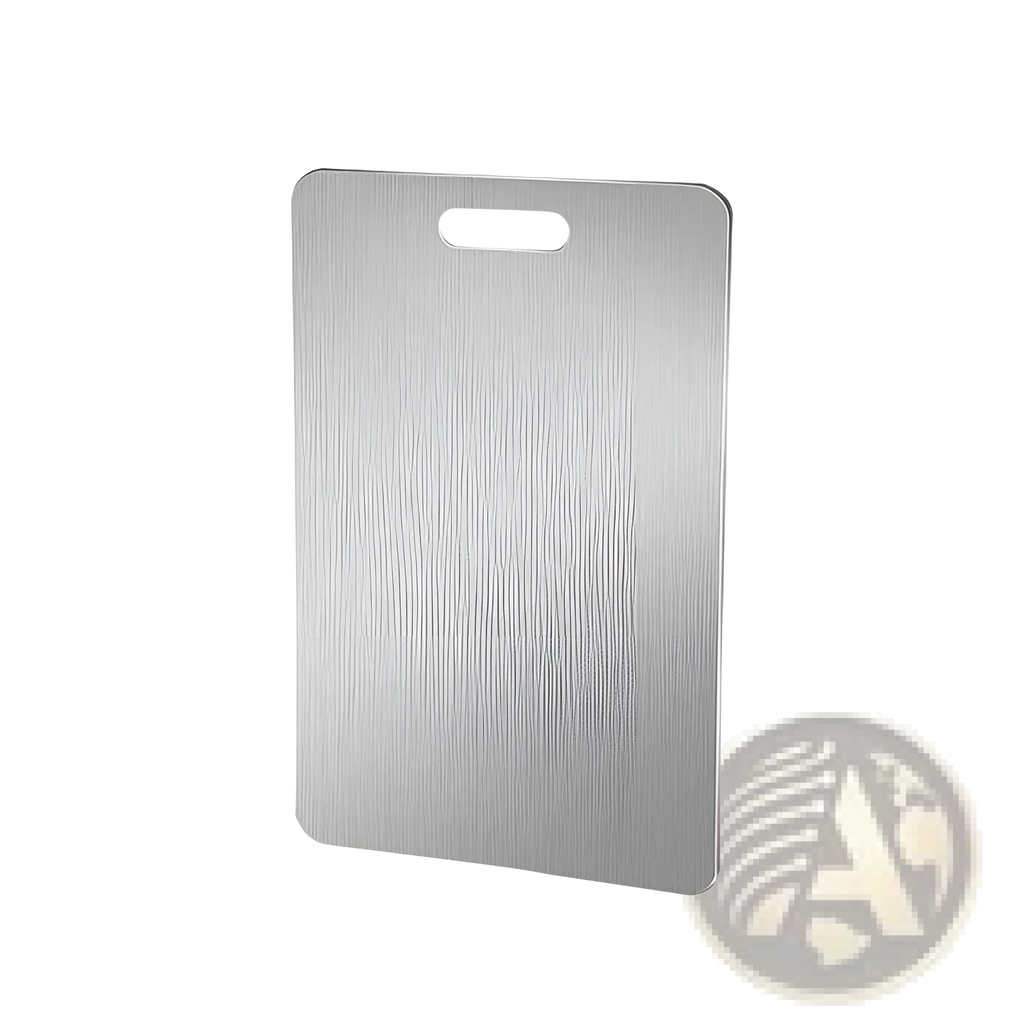 A sleek rectangular stainless steel cutting board with brushed finish rounded corners and anti-mold handle