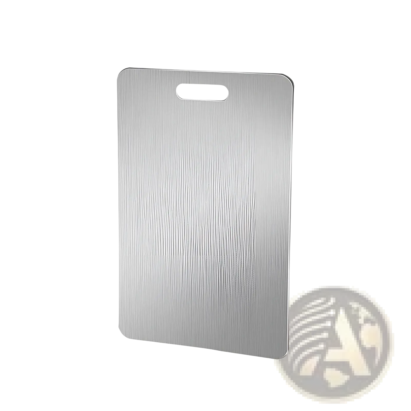 A sleek rectangular stainless steel cutting board with brushed finish rounded corners and anti-mold handle