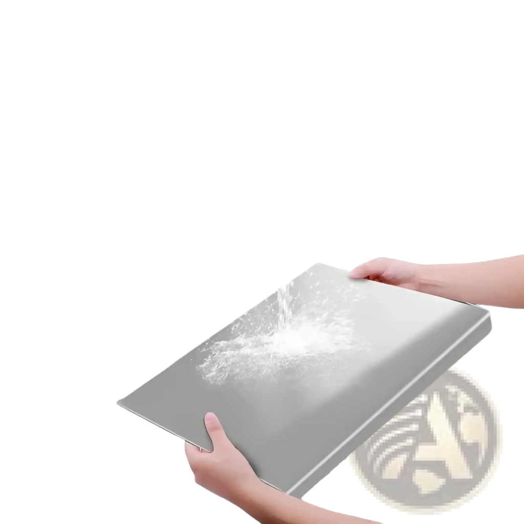 Silver stainless steel cutting board with lip and sealed lid featuring a sleek rectangular design and rounded edges